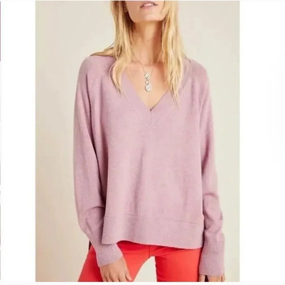 Anthropologie Mauve Dusty Rose Pink V Neck Boxy Relaxed Fit Merino Wool Sweater - Picture 1 of 8